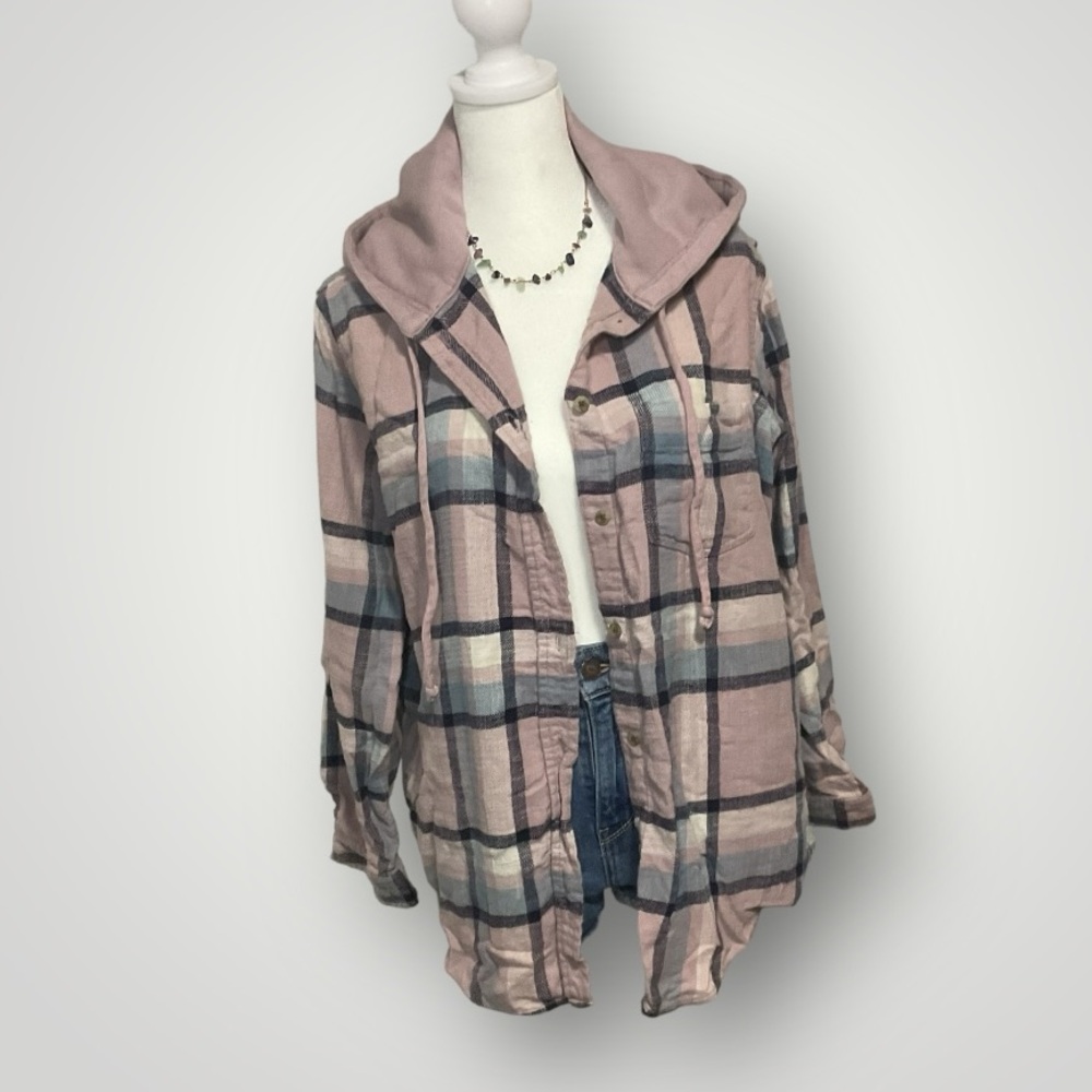 American Eagle Outfitters Pink and Blue Plaid Hooded Button-Up Shirt